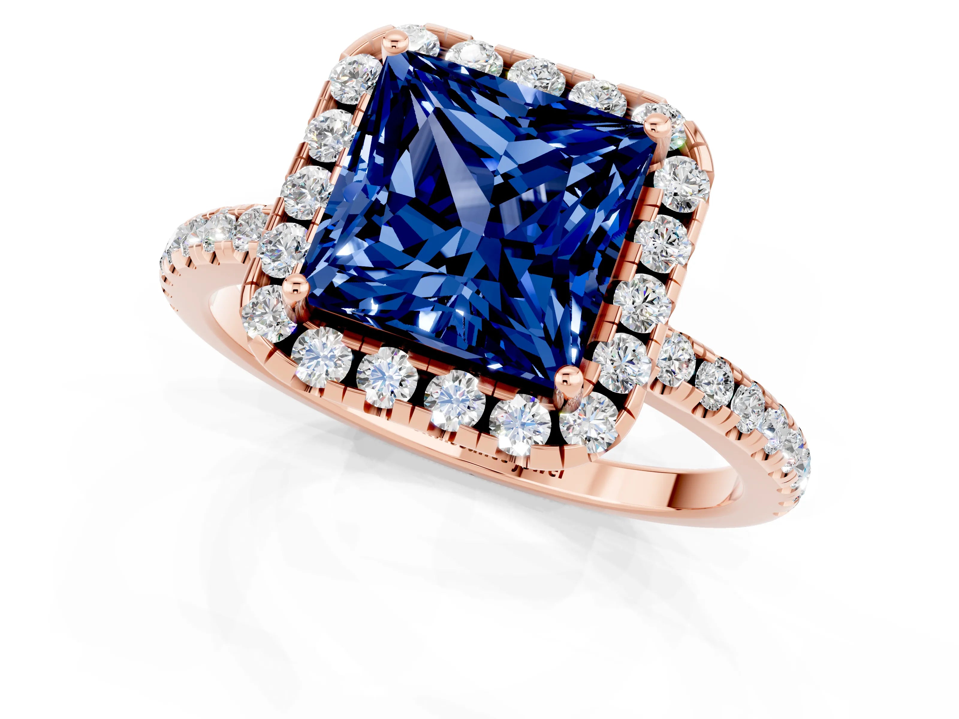 Rose gold Princess Cut Halo Round Diamond Pavé Band Four-Prong Ring_1