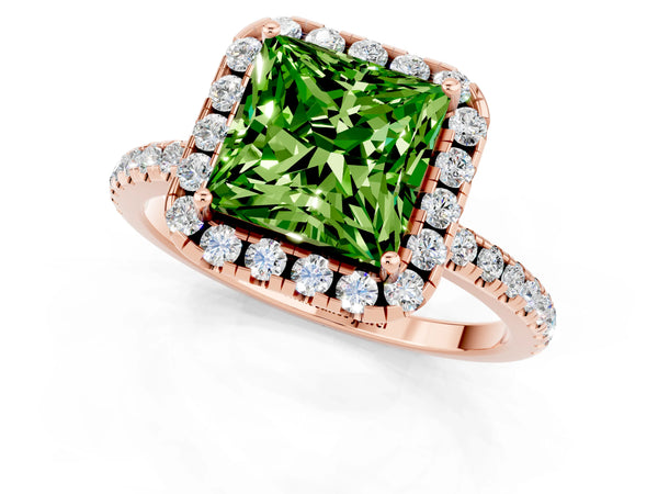Rose gold Princess Cut Halo Round Diamond Pavé Band Four-Prong Ring