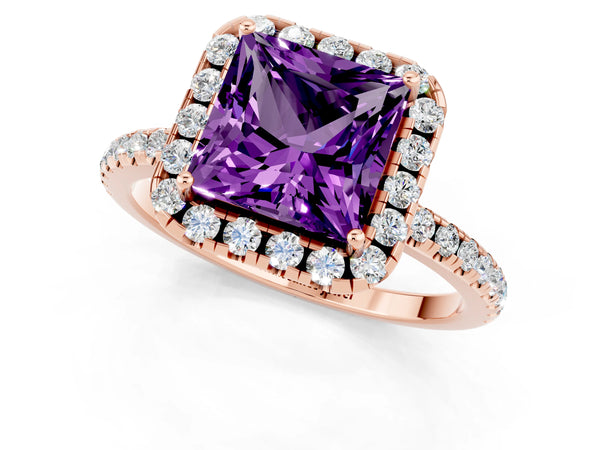 Rose gold Princess Cut Amethyst Halo Ring with Round Pavé Band and Prong Setting