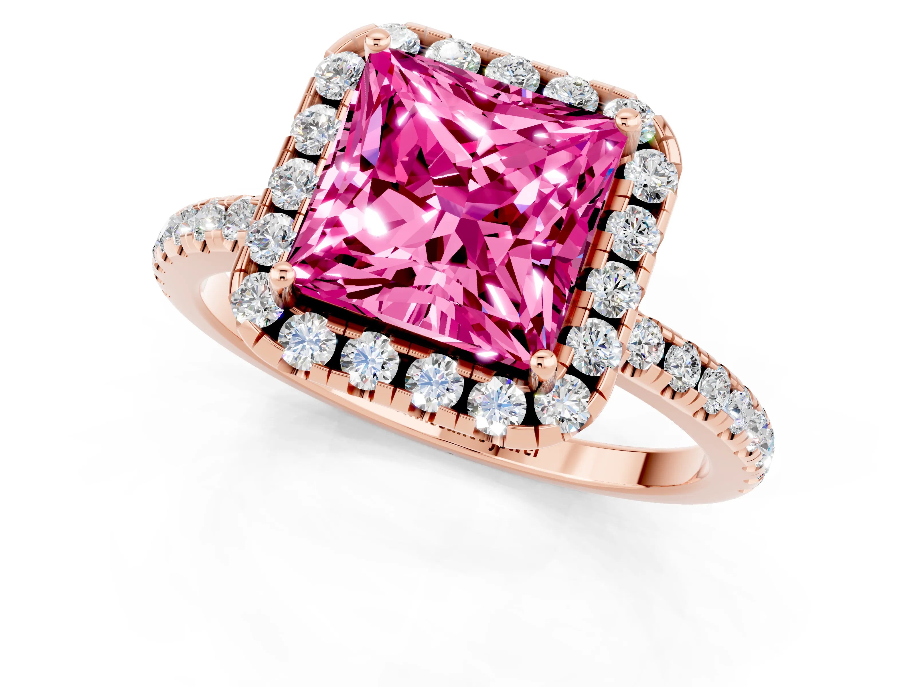 Rose gold Princess Cut Halo Round Diamond Pavé Band Four-Prong Ring_1