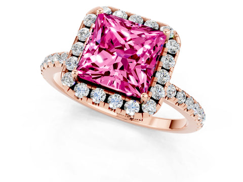 Rose gold Princess Cut Halo Round Diamond Pavé Band Four-Prong Ring_1