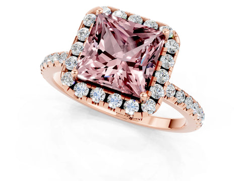 Rose gold Princess Cut Halo Round Diamond Pavé Band Four-Prong Ring_1