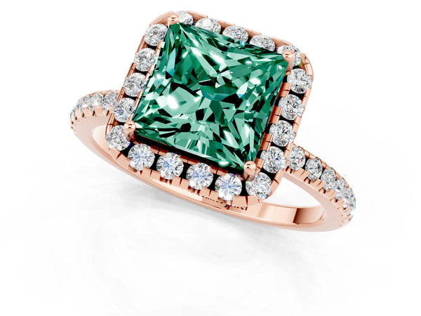 Rose gold Princess Cut Green Sapphire Halo Ring with Round Pavé Band and Prong Setting