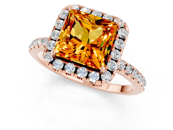 Rose gold Princess Cut Citrine Halo Ring with Round Pavé Band and Prong Setting