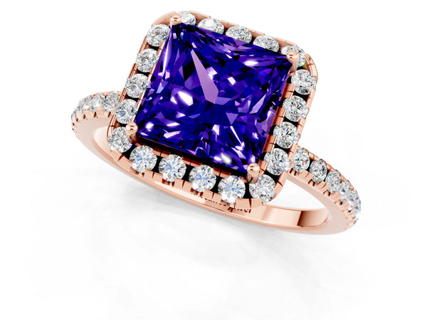 Rose gold Princess Cut Tanzanite Halo Ring with Round Pavé Band and Prong Setting
