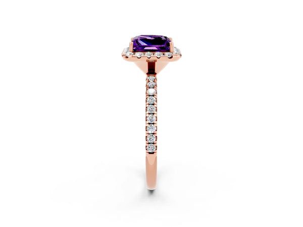 Rose gold Princess Cut Amethyst Halo Ring with Round Pavé Band and Prong Setting
