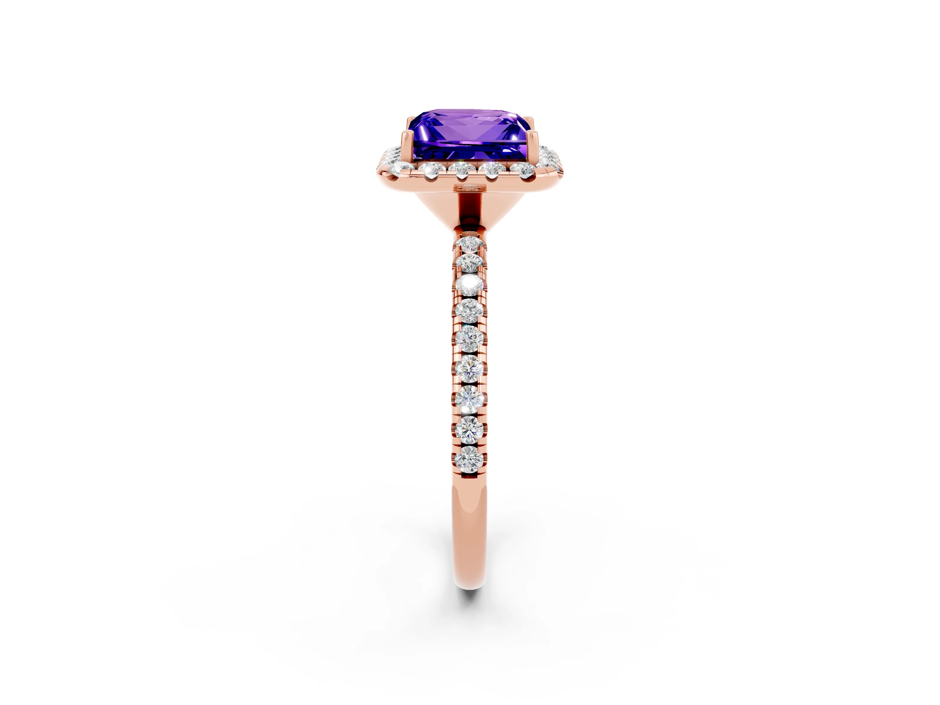 Rose gold Princess Cut Halo Round Diamond Pavé Band Four-Prong Ring_2