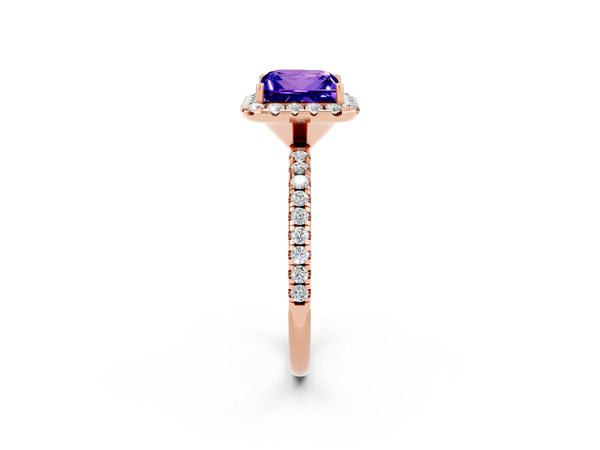 Rose gold Princess Cut Tanzanite Halo Ring with Round Pavé Band and Prong Setting