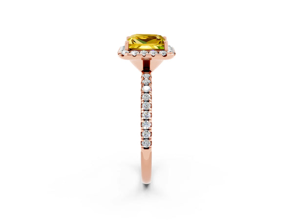 Rose gold Princess Cut Yellow Sapphire Halo Ring with Round Pavé Band and Prong Setting