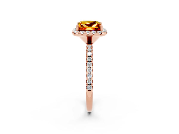 Rose gold Princess Cut Citrine Halo Ring with Round Pavé Band and Prong Setting