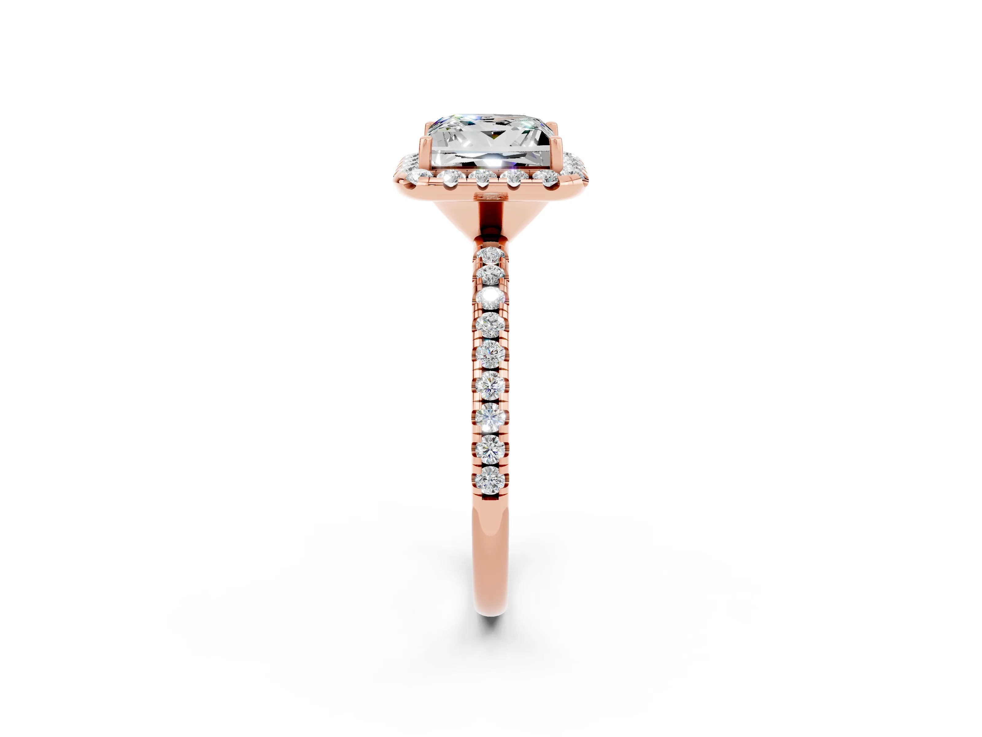Rose gold Princess Cut Halo Round Diamond Pavé Band Four-Prong Ring_2