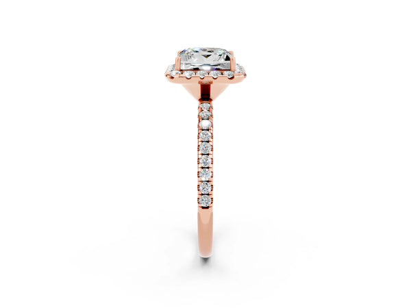 Rose gold Princess Cut Moissanite Halo Ring with Round Pavé Band and Prong Setting