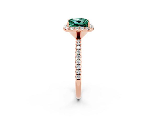 Rose gold Princess Cut Green Sapphire Halo Ring with Round Pavé Band and Prong Setting
