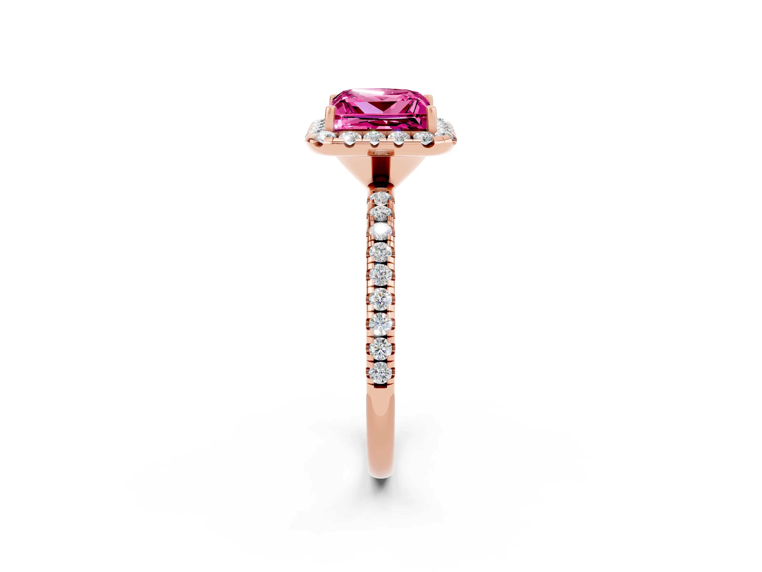 Rose gold Princess Cut Halo Round Diamond Pavé Band Four-Prong Ring_2