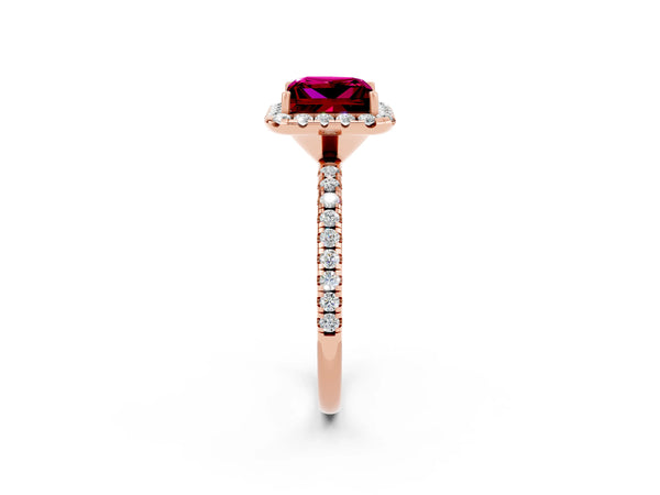 Rose gold Princess Cut Garnet Halo Ring with Round Pavé Band and Prong Setting