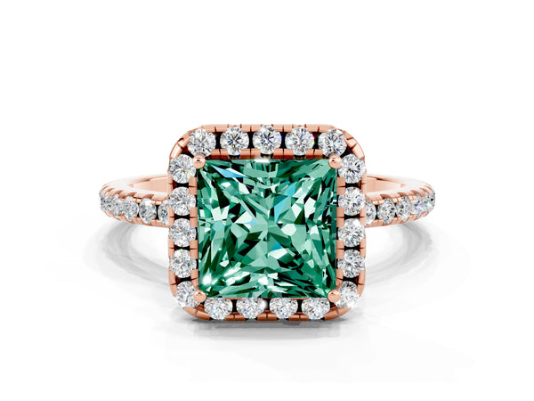 Rose gold Princess Cut Green Sapphire Halo Ring with Round Pavé Band and Prong Setting
