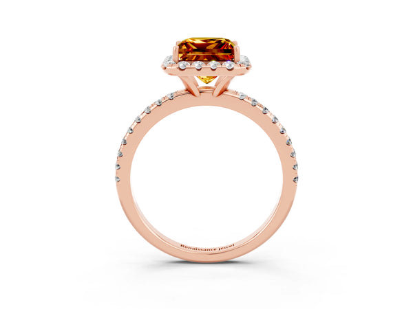 Rose gold Princess Cut Citrine Halo Ring with Round Pavé Band and Prong Setting