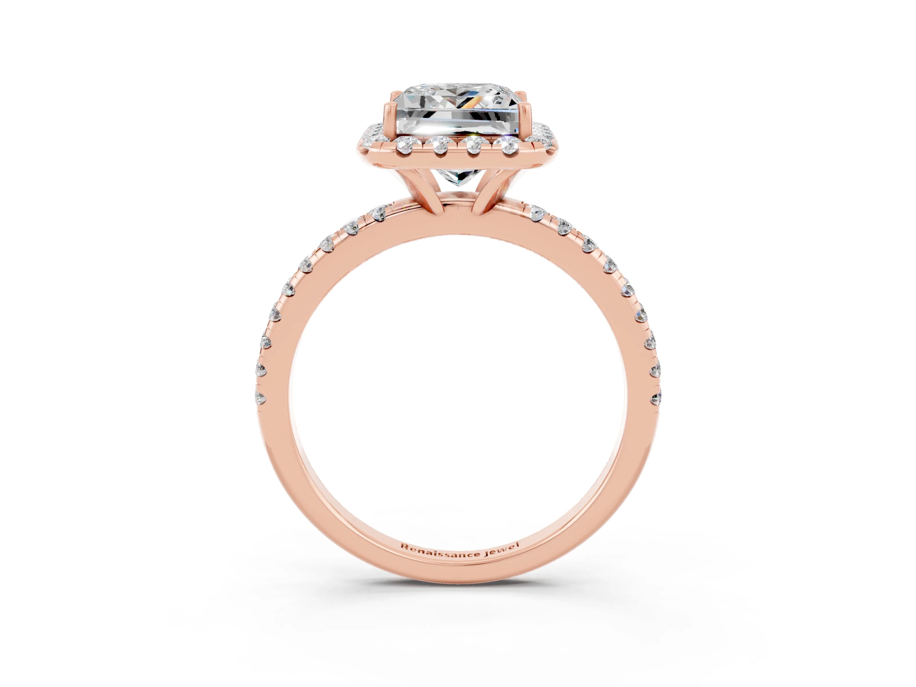 Rose gold Princess Cut Halo Round Diamond Pavé Band Four-Prong Ring_3