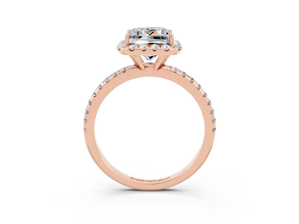 Rose gold Princess Cut Moissanite Halo Ring with Round Pavé Band and Prong Setting