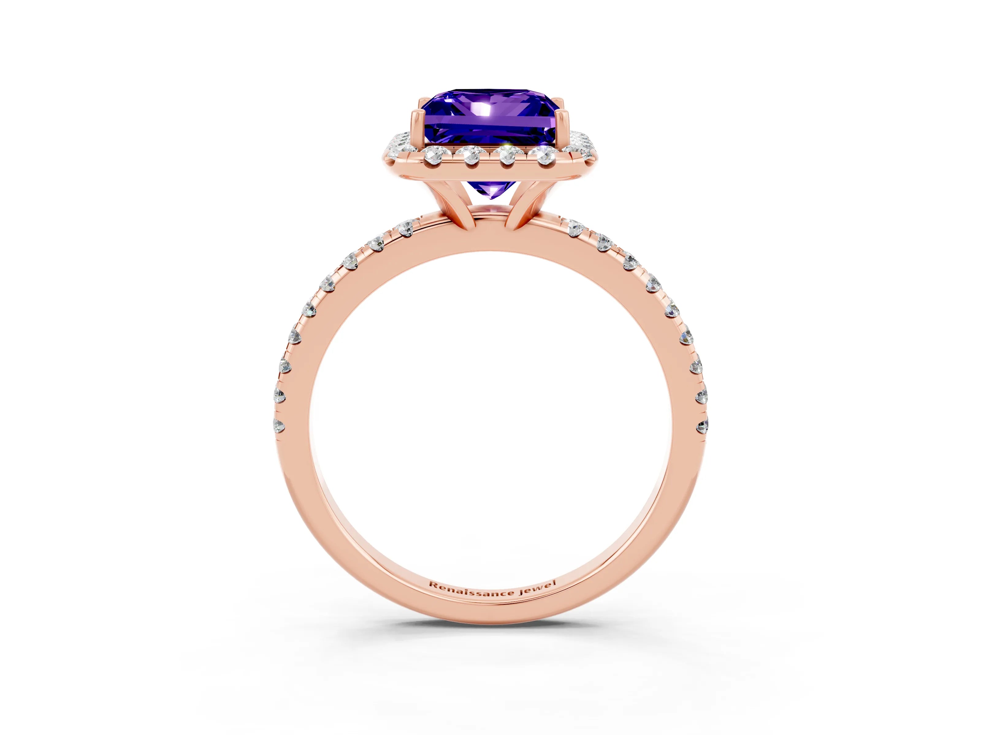 Rose gold Princess Cut Halo Round Diamond Pavé Band Four-Prong Ring_3
