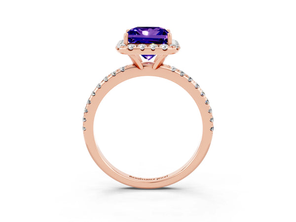 Rose gold Princess Cut Tanzanite Halo Ring with Round Pavé Band and Prong Setting