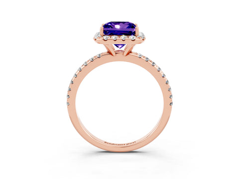 Rose gold Princess Cut Halo Round Diamond Pavé Band Four-Prong Ring_3