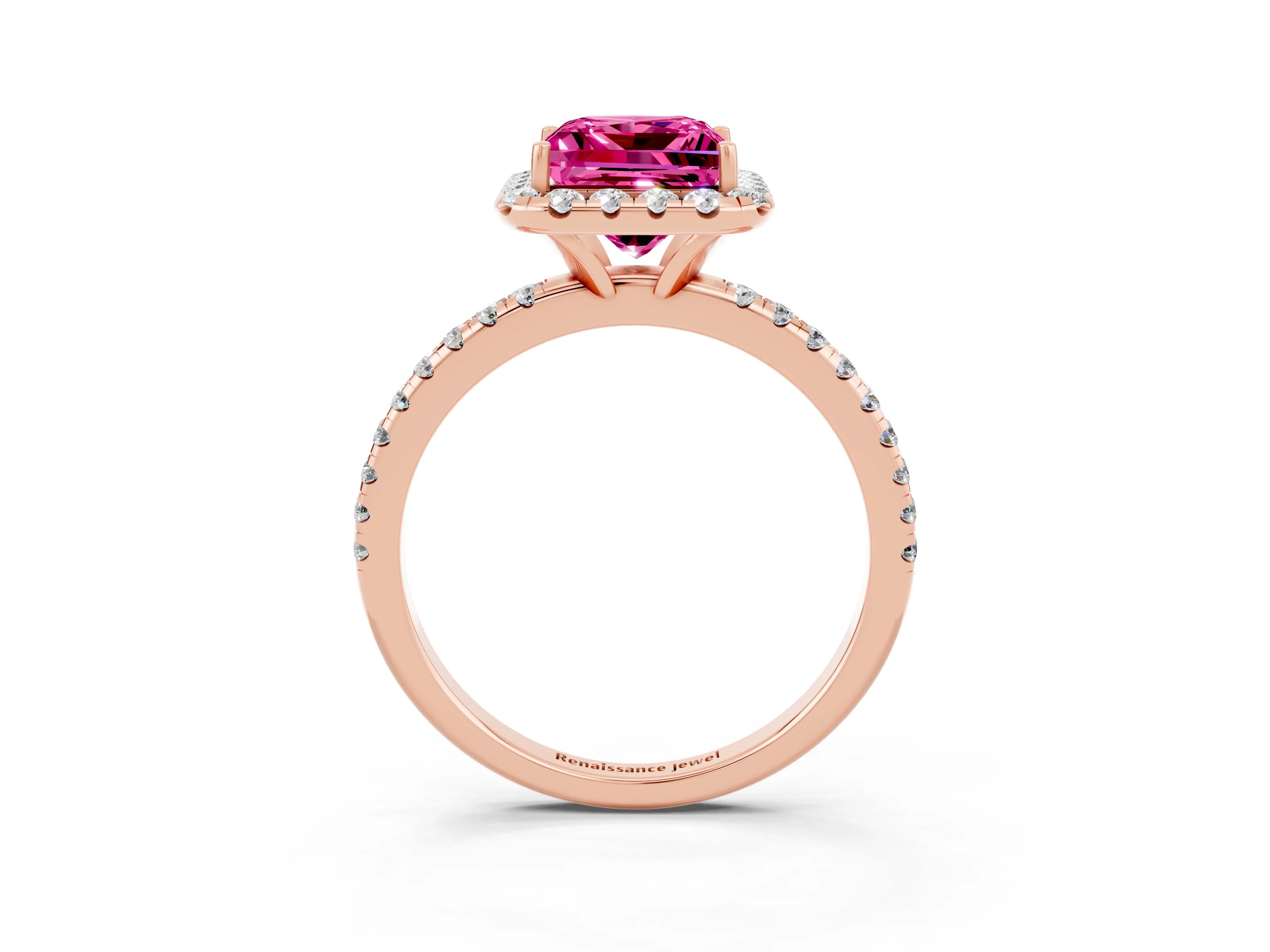 Rose gold Princess Cut Halo Round Diamond Pavé Band Four-Prong Ring_3