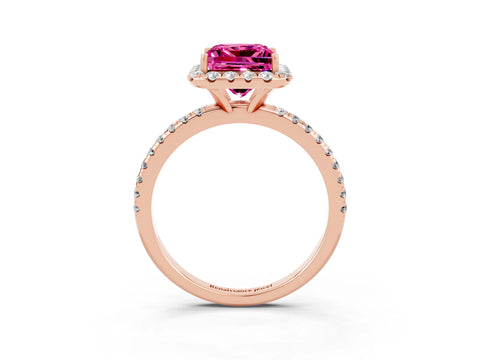 Rose gold Princess Cut Halo Round Diamond Pavé Band Four-Prong Ring_3