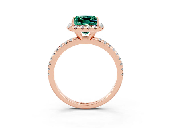 Rose gold Princess Cut Green Sapphire Halo Ring with Round Pavé Band and Prong Setting