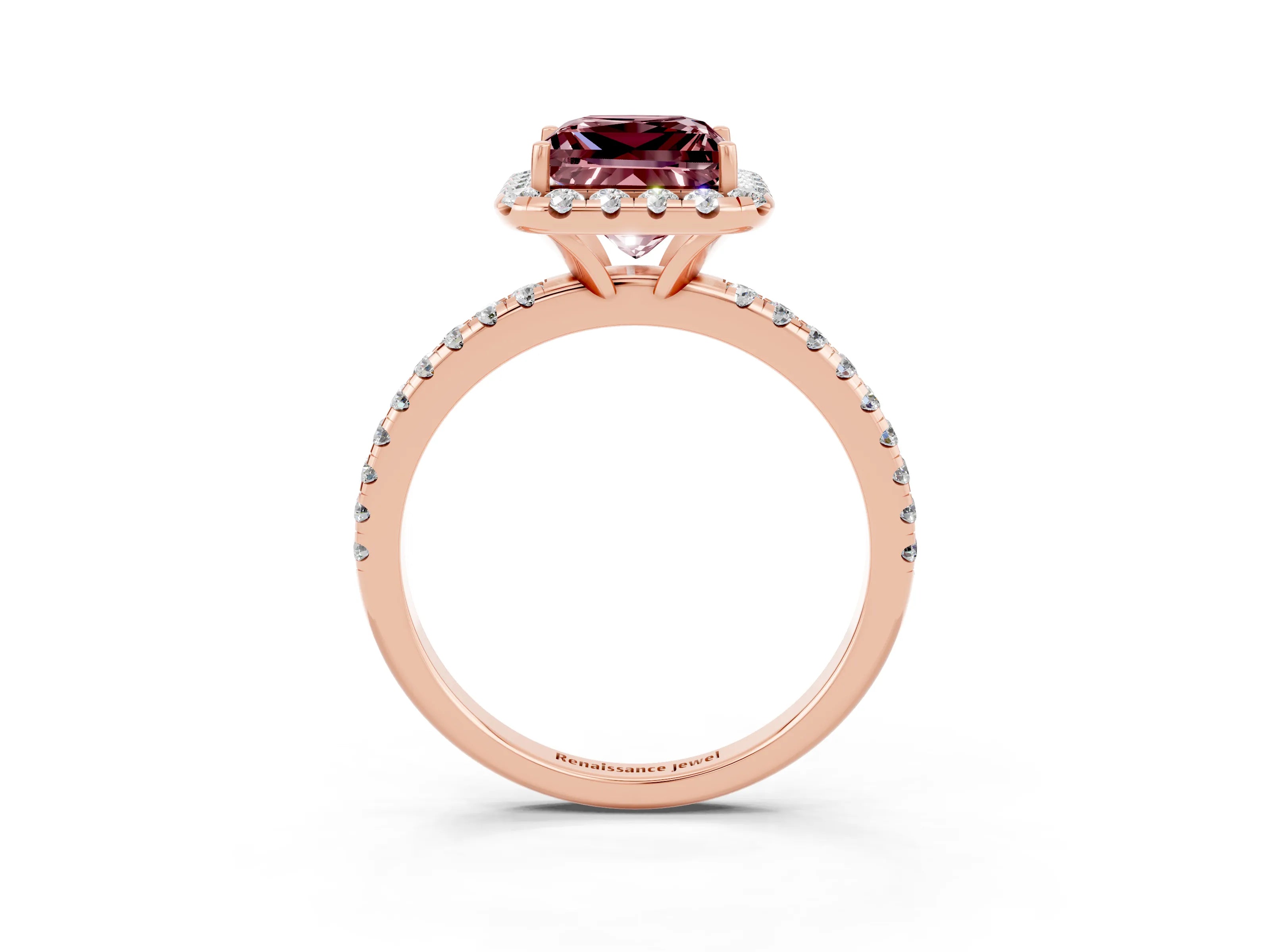 Rose gold Princess Cut Halo Round Diamond Pavé Band Four-Prong Ring_3