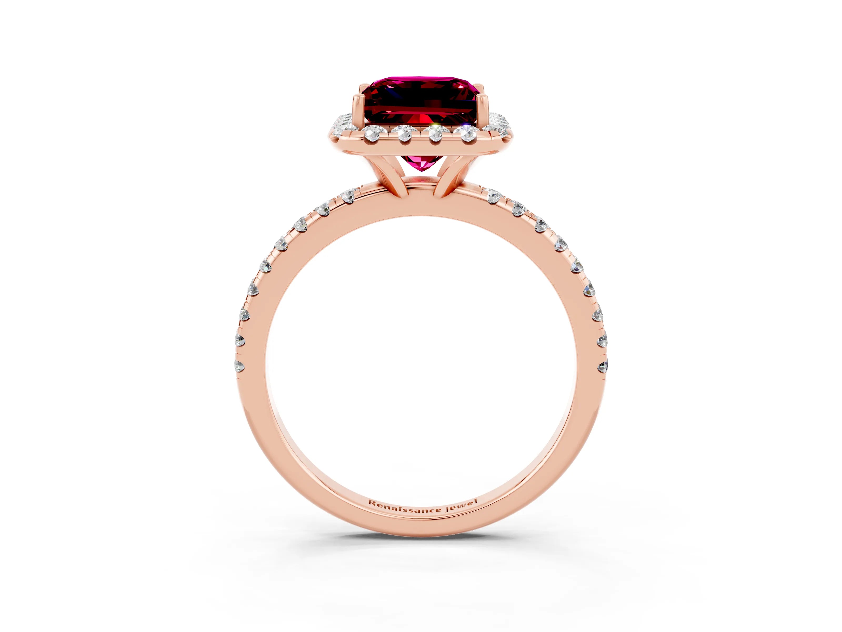Rose gold Princess Cut Halo Round Diamond Pavé Band Four-Prong Ring_3