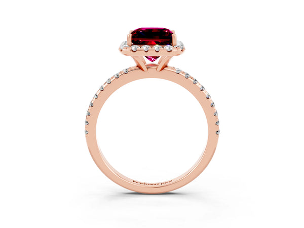 Rose gold Princess Cut Garnet Halo Ring with Round Pavé Band and Prong Setting
