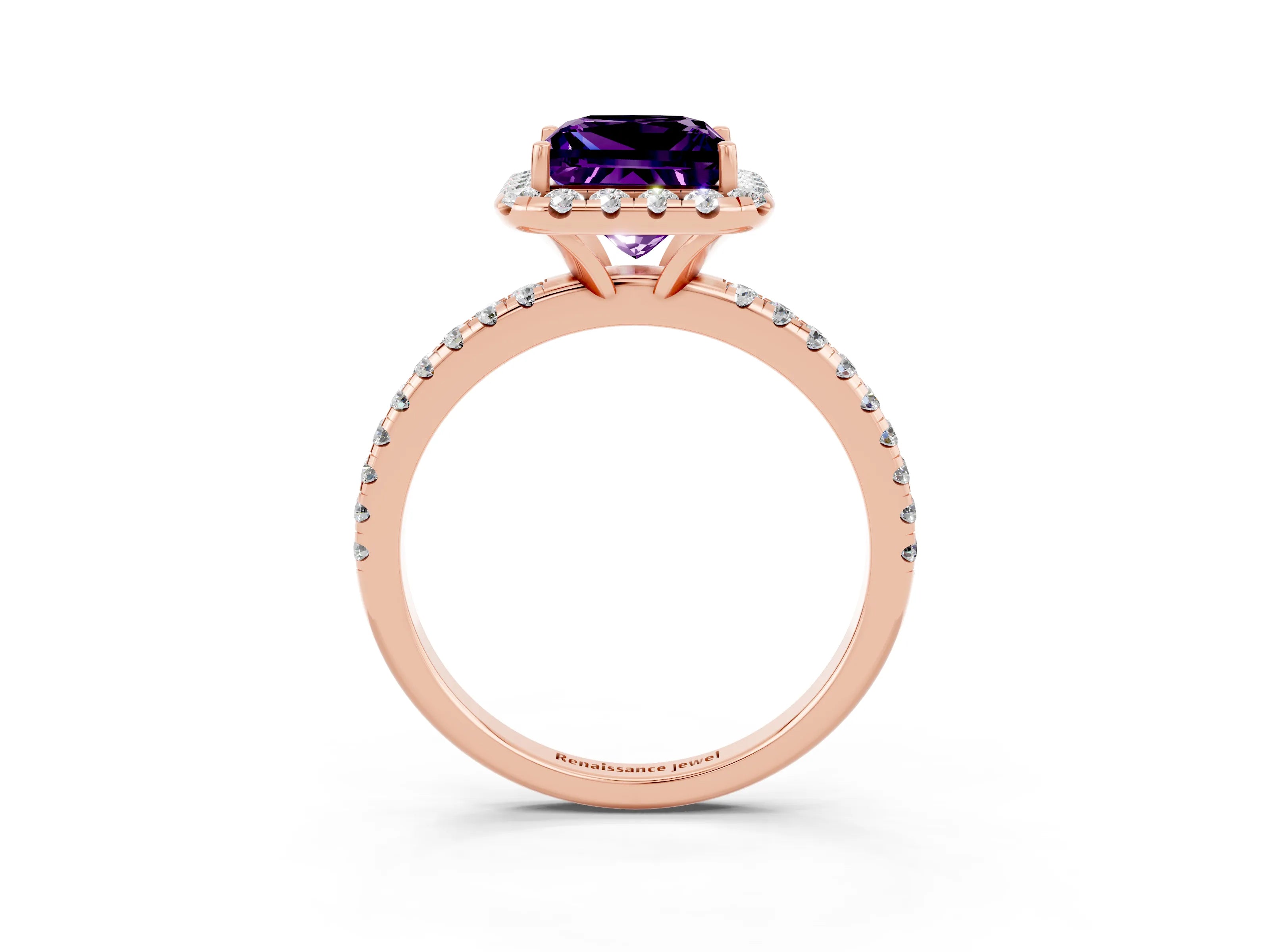 Rose gold Princess Cut Halo Round Diamond Pavé Band Four-Prong Ring_3