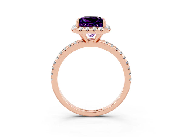 Rose gold Princess Cut Amethyst Halo Ring with Round Pavé Band and Prong Setting