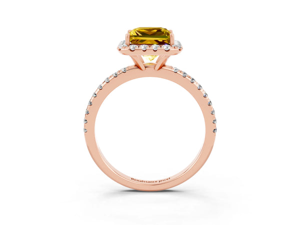 Rose gold Princess Cut Yellow Sapphire Halo Ring with Round Pavé Band and Prong Setting