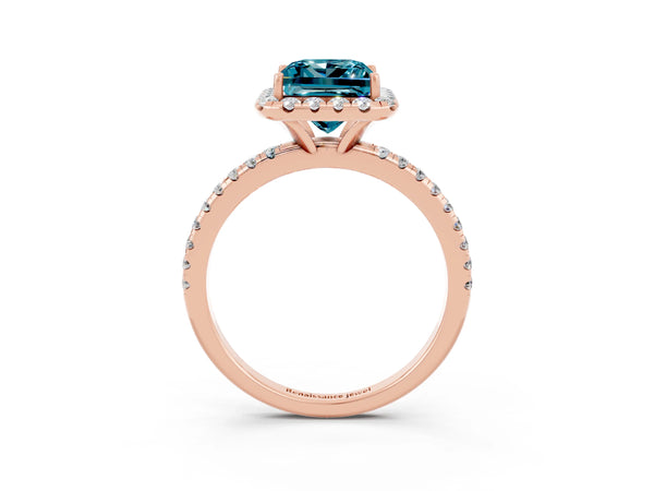 Rose gold Princess Cut Halo Round Diamond Pavé Band Four-Prong Ring