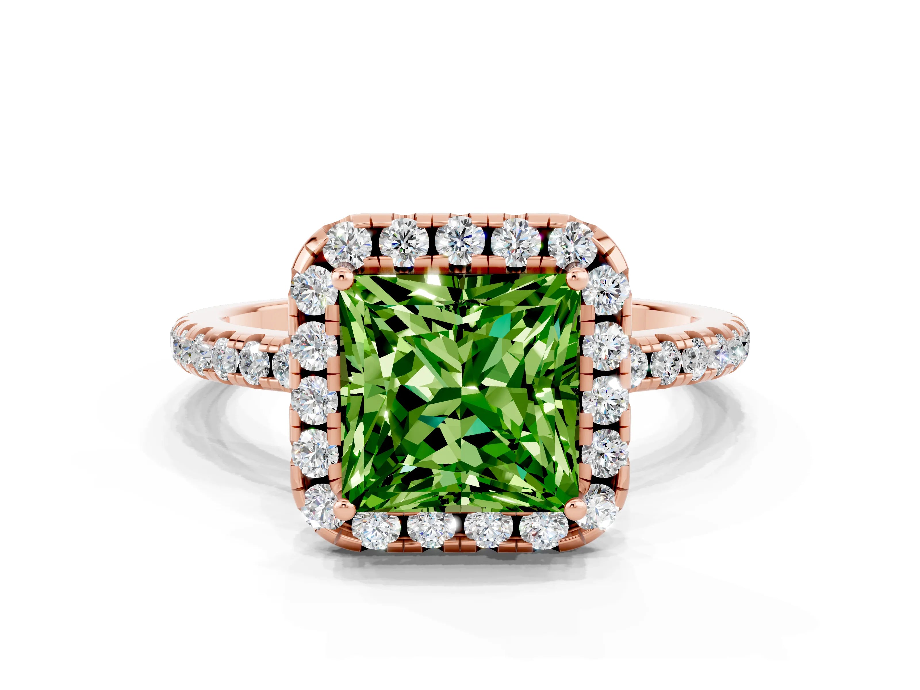 Rose gold Princess Cut Halo Round Diamond Pavé Band Four-Prong Ring