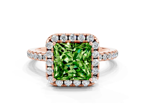 Rose gold Princess Cut Halo Round Diamond Pavé Band Four-Prong Ring