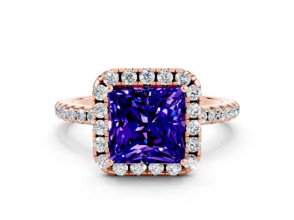 Rose gold Princess Cut Tanzanite Halo Ring with Round Pavé Band and Prong Setting