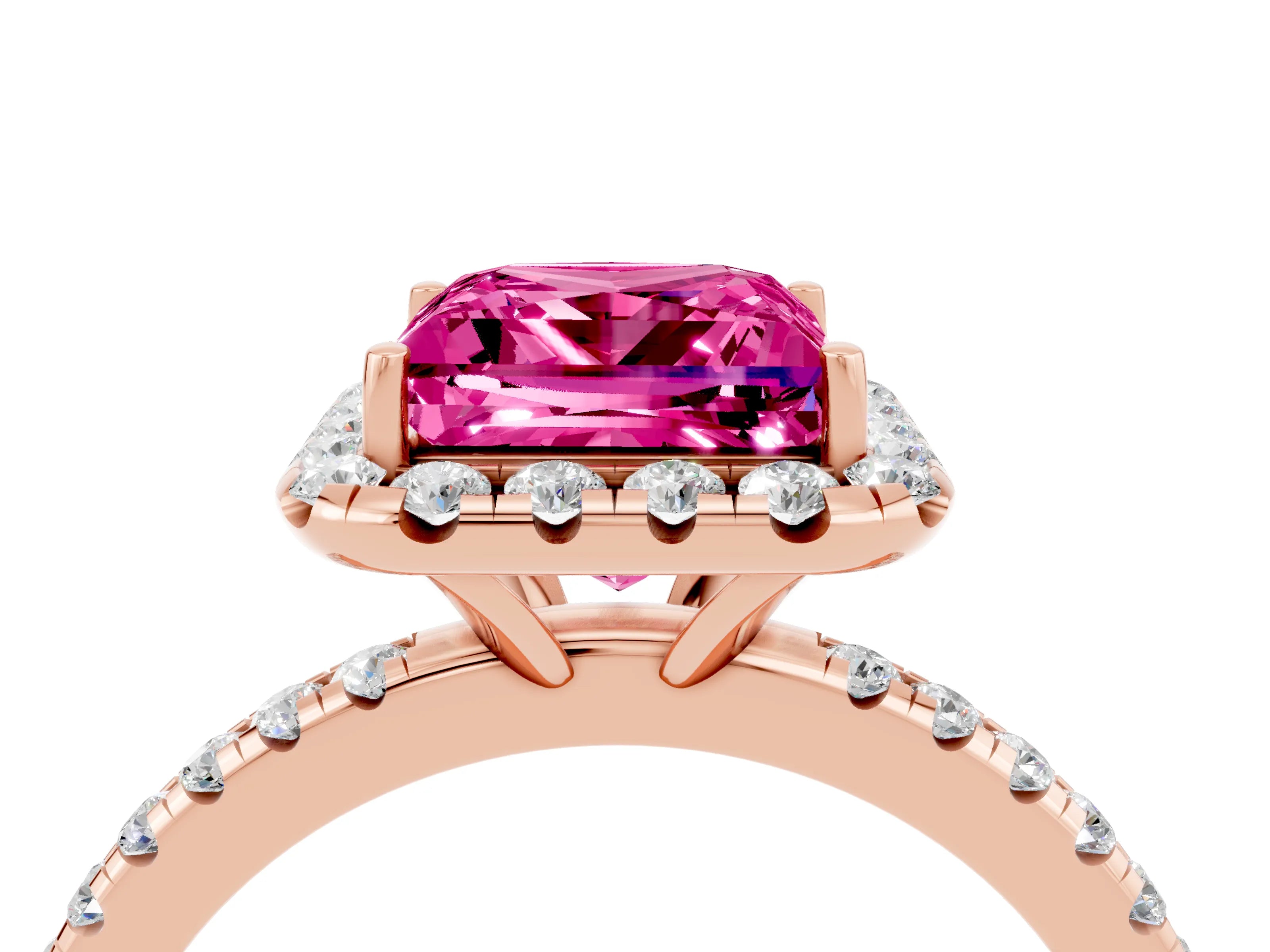 Rose gold Princess Cut Halo Round Diamond Pavé Band Four-Prong Ring_4