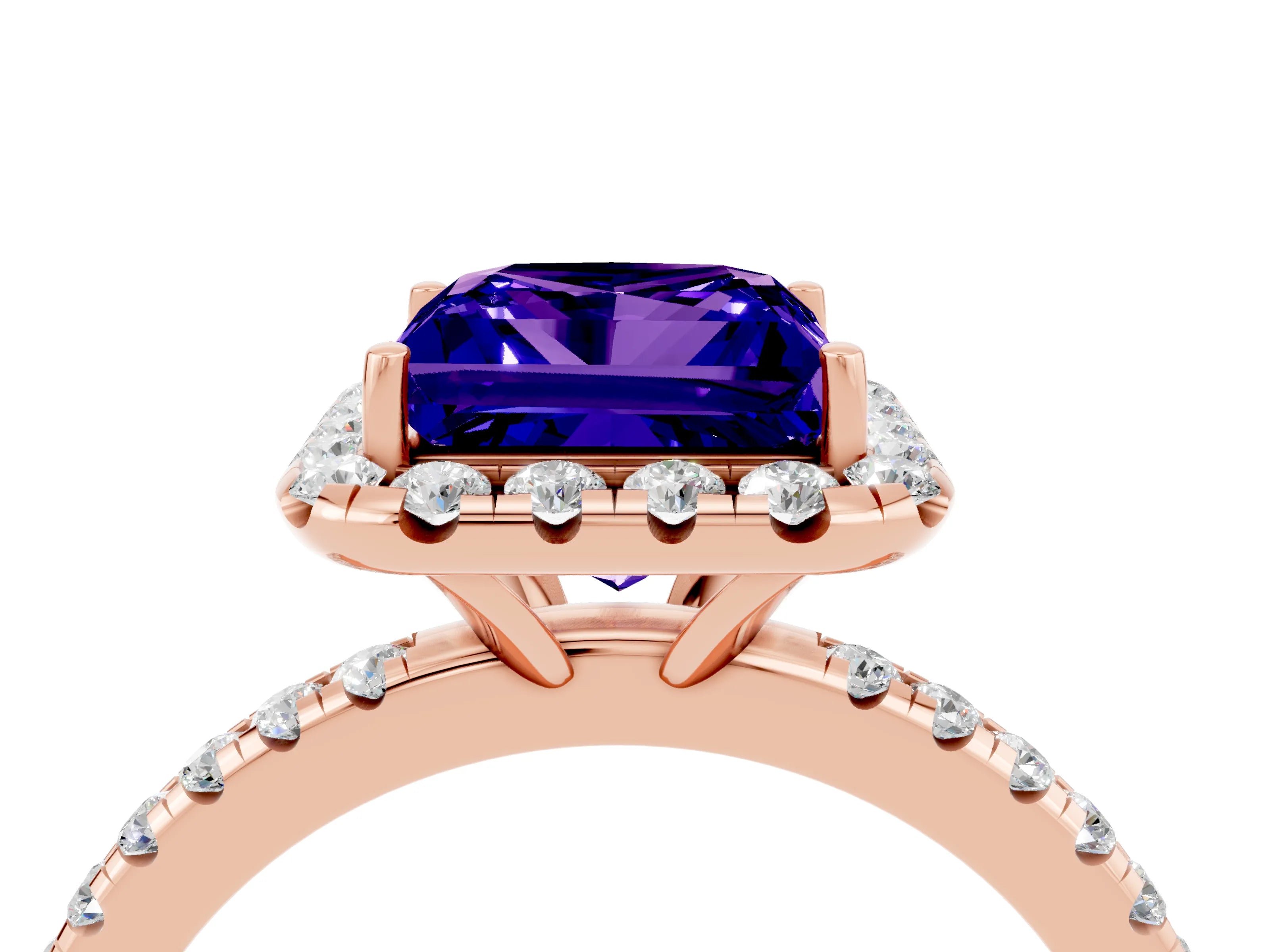 Rose gold Princess Cut Halo Round Diamond Pavé Band Four-Prong Ring_4
