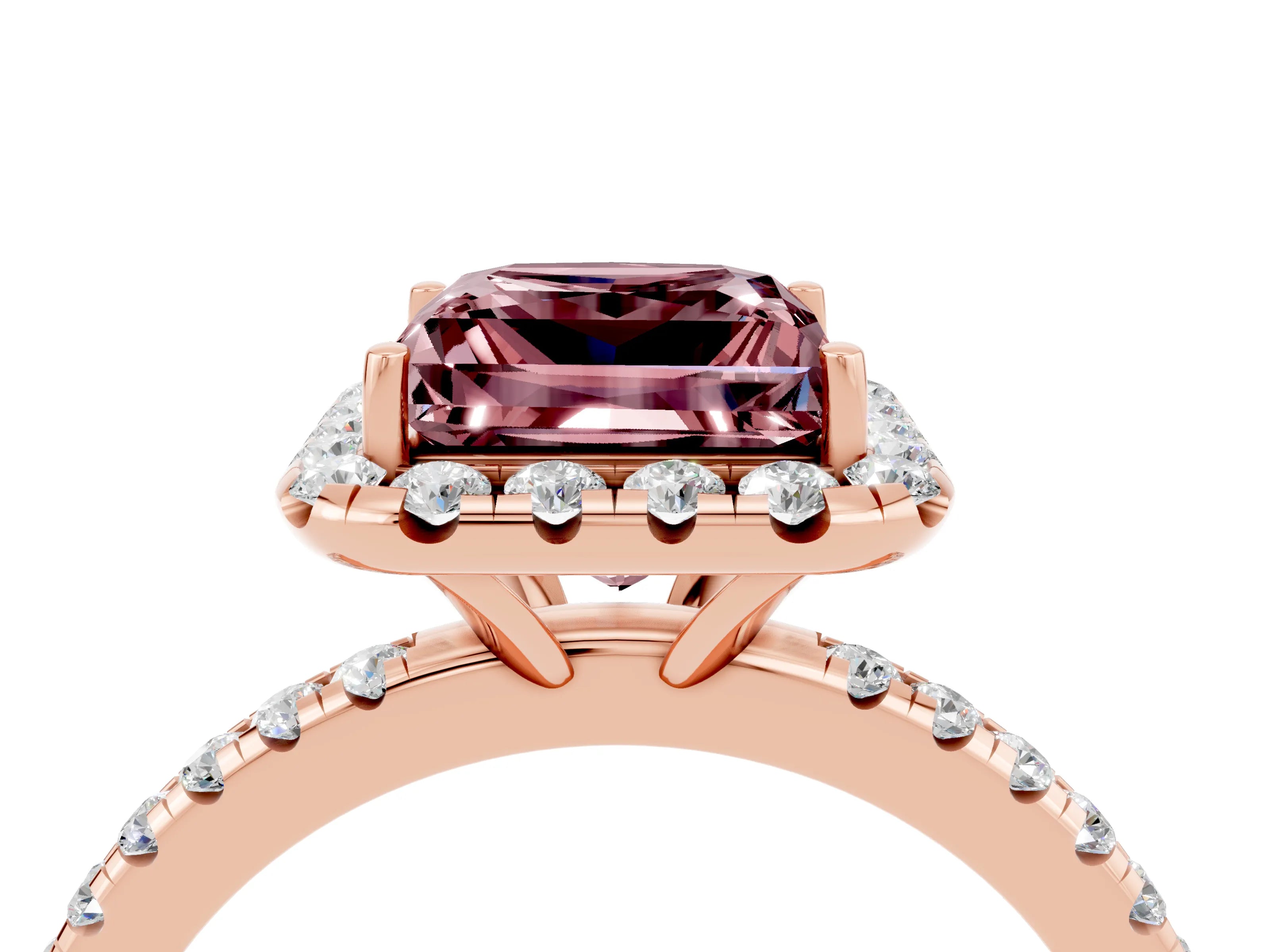Rose gold Princess Cut Halo Round Diamond Pavé Band Four-Prong Ring_4