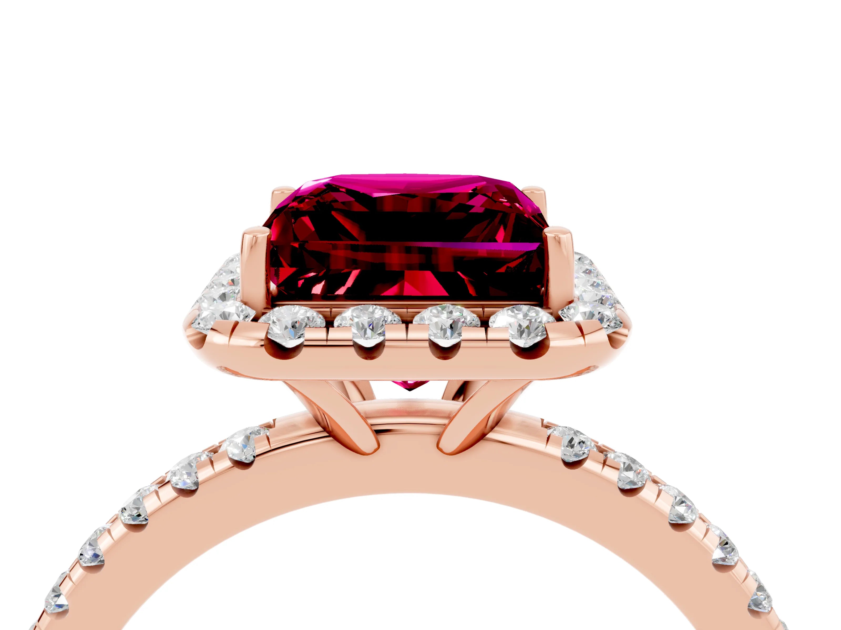 Rose gold Princess Cut Halo Round Diamond Pavé Band Four-Prong Ring_4