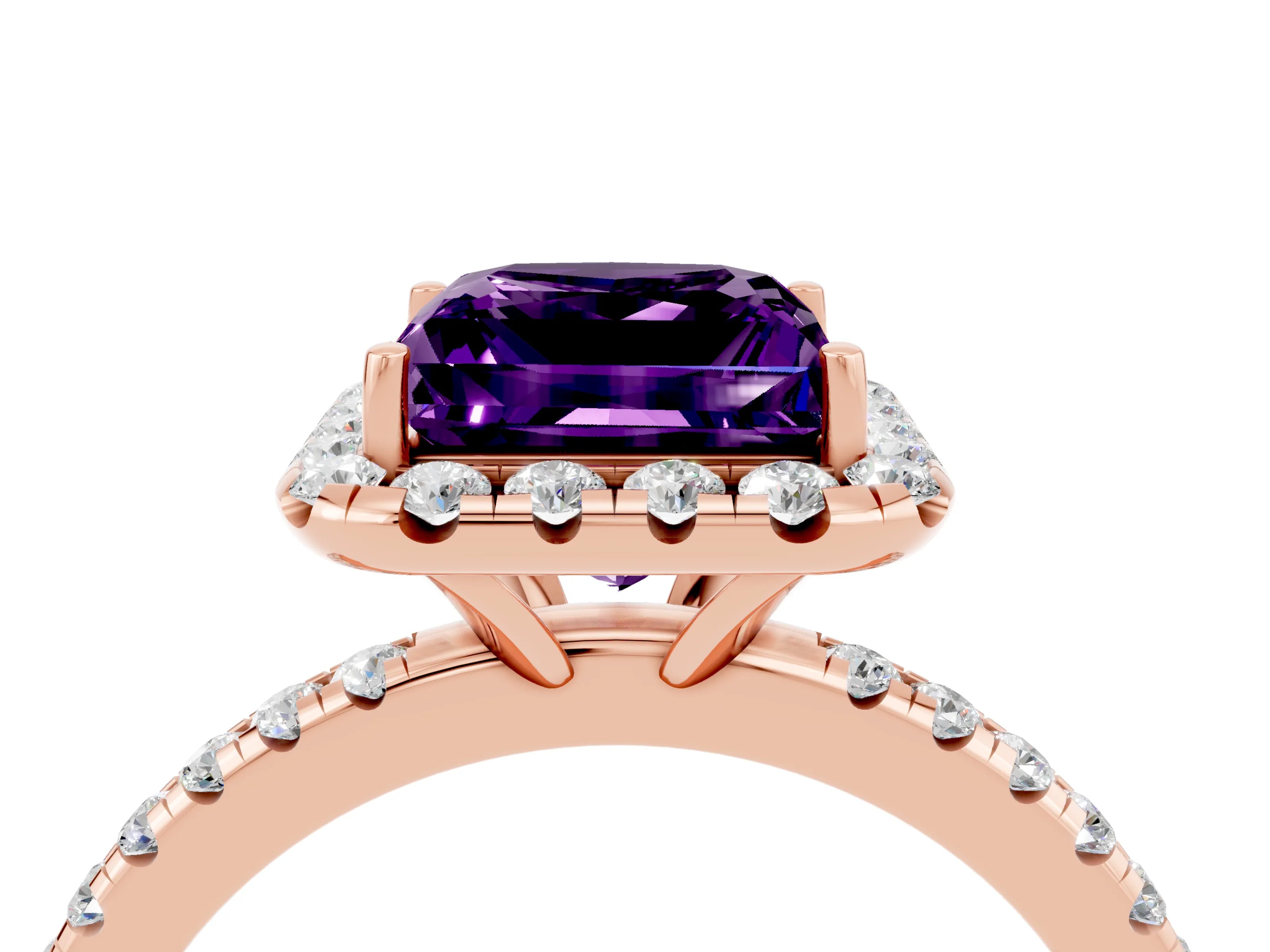 Rose gold Princess Cut Halo Round Diamond Pavé Band Four-Prong Ring_4