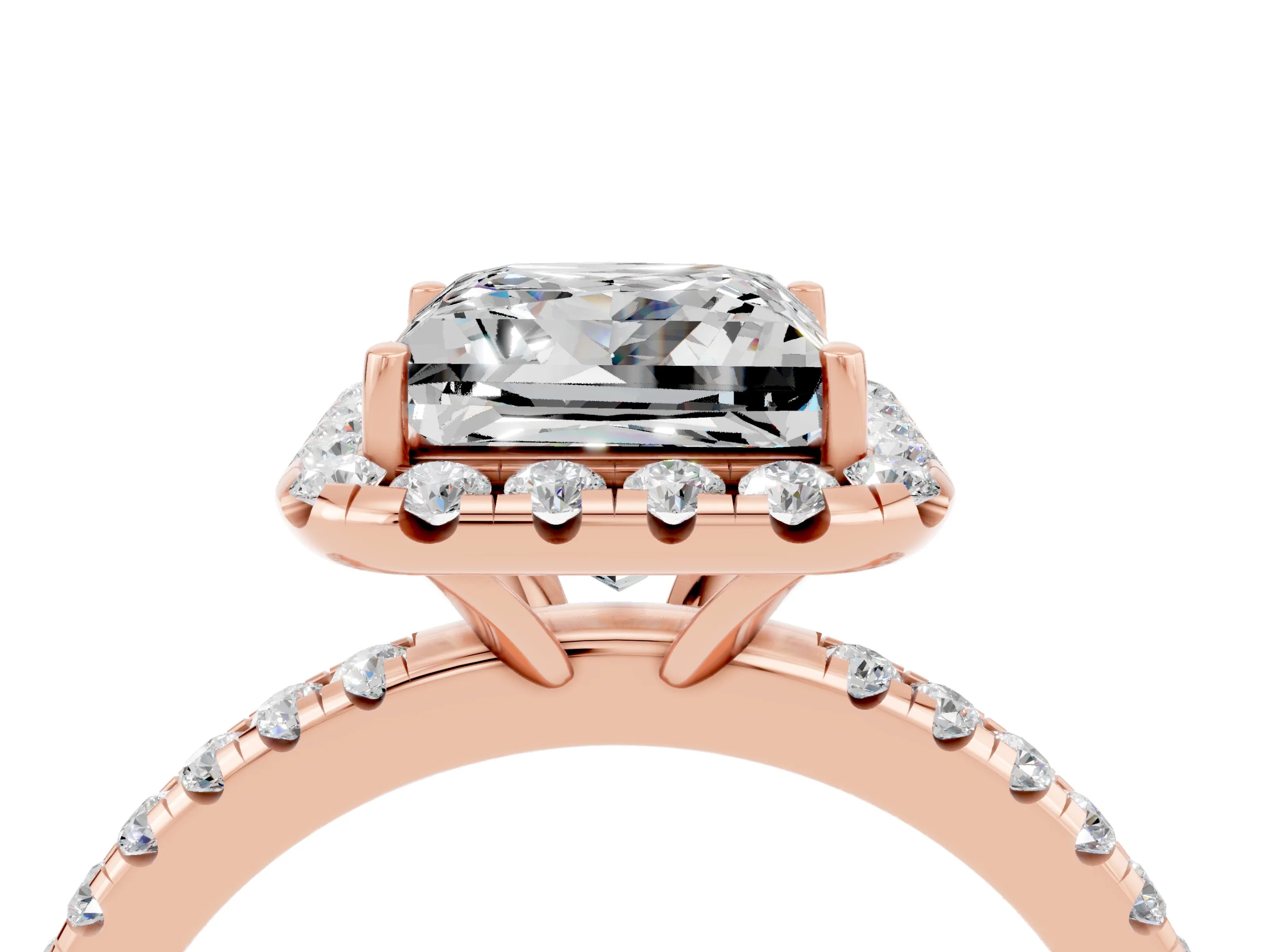 Rose gold Princess Cut Halo Round Diamond Pavé Band Four-Prong Ring_4