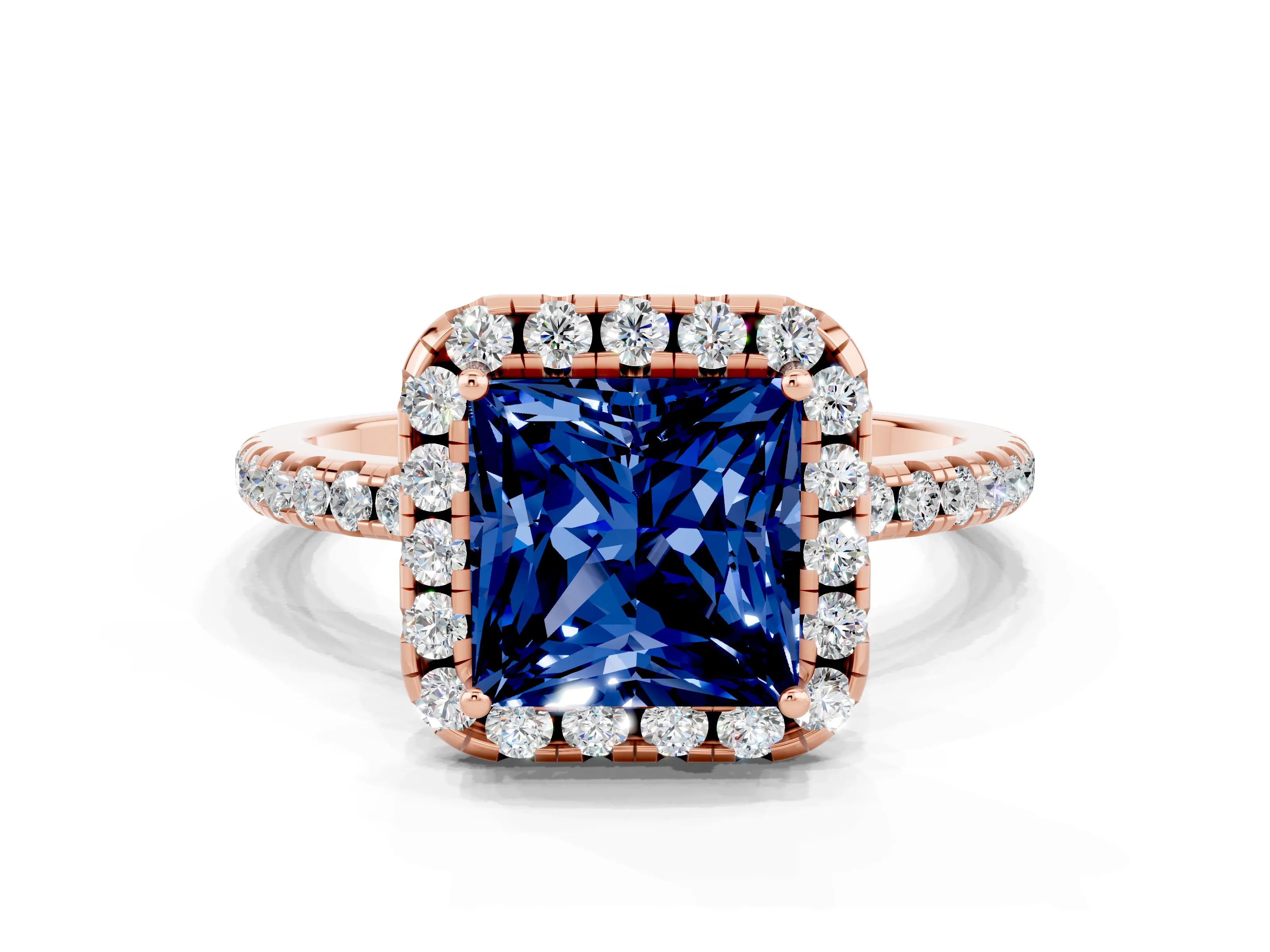 Rose gold Princess Cut Halo Round Diamond Pavé Band Four-Prong Ring