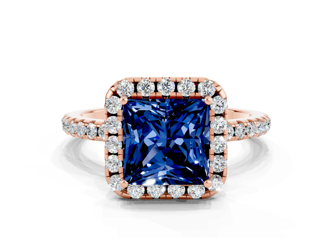 Rose gold Princess Cut Halo Round Diamond Pavé Band Four-Prong Ring