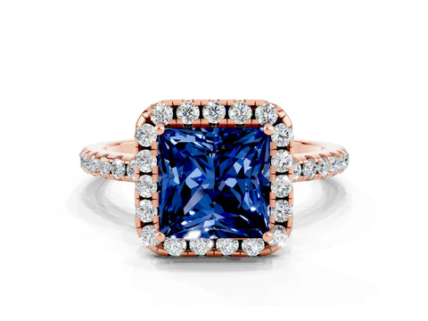 Rose gold Princess Cut Halo Round Diamond Pavé Band Four-Prong Ring