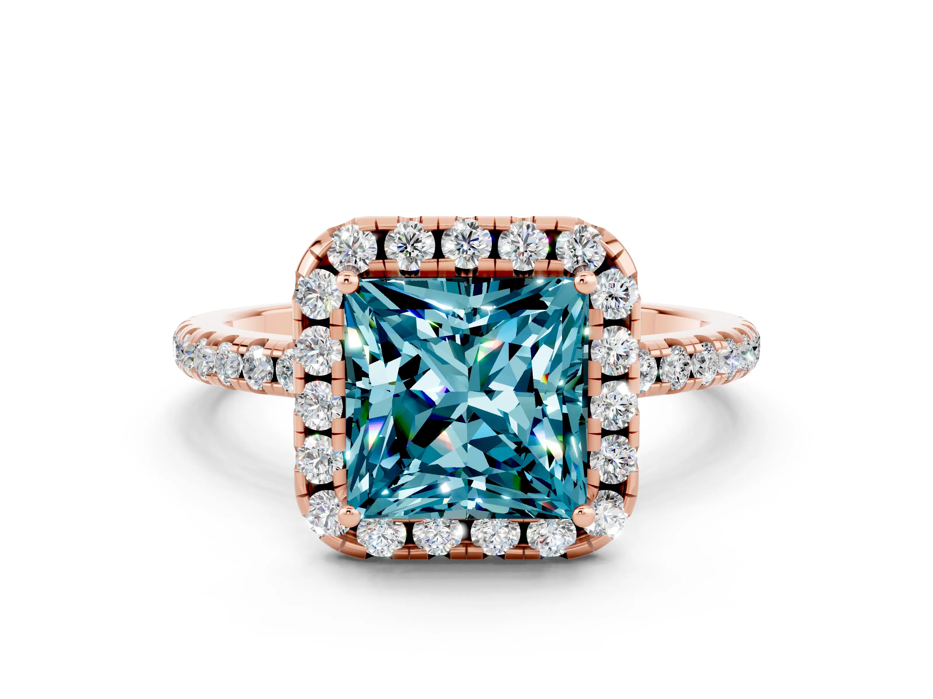Rose gold Princess Cut Halo Round Diamond Pavé Band Four-Prong Ring