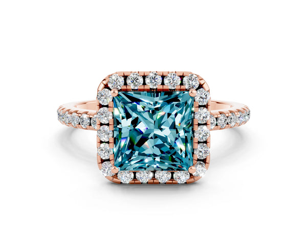 Rose gold Princess Cut Halo Round Diamond Pavé Band Four-Prong Ring